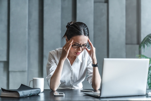Young,Woman,Working,On,Laptop,Having,Headache.,Bored,Workaholic,Female